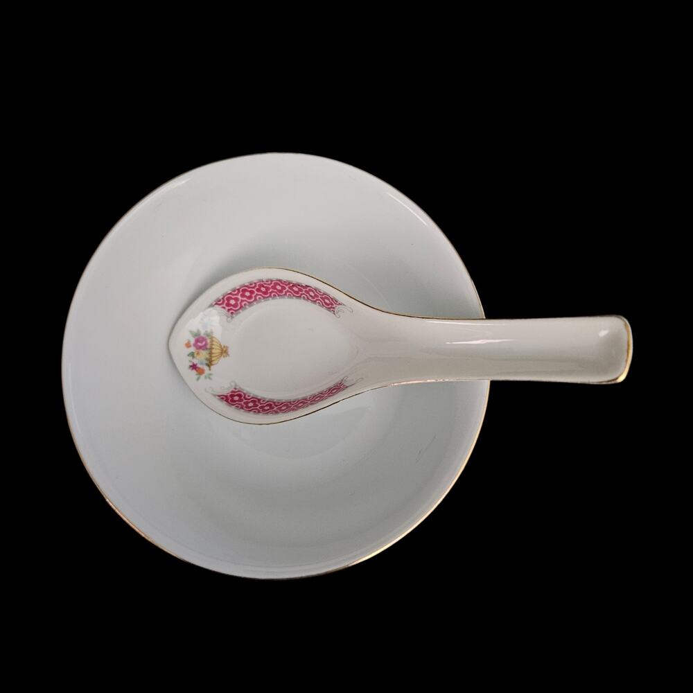 Vintage Chinese Porcelain Bowl and Spoon Set Pink Floral Gold Trim